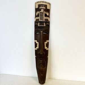 Hand Carved Two Tone‎ Wooden Aztec Mayan Mask Tribal Wall Art Decor 22.5"Mexico